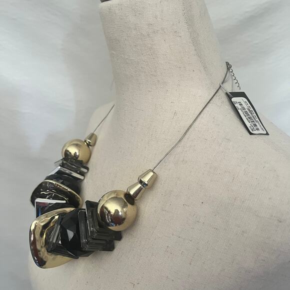 Bebe Chunky Statement 19" Necklace Black Gold Silver Geometric Wire chain New - Picture 6 of 11